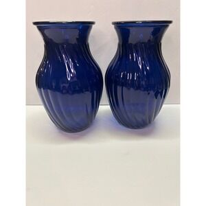 Cobalt Blue Swirl Glass Vintage Vase Set of 2 Elegant Home Decor Accent